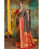 Black red woven Banarasi Kataan saree with blouse