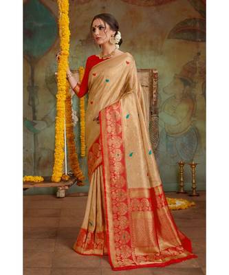 Golden red woven Banarasi Kataan saree with blouse 1