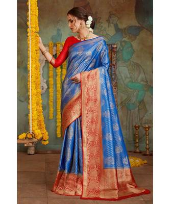 Royal blue woven Banarasi Kataan saree with blouse 1