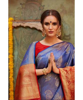 Royal blue woven Banarasi Kataan saree with blouse 2