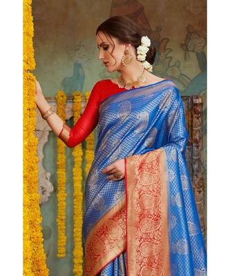 Royal blue woven Banarasi Kataan saree with blouse 3