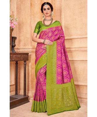 Rani pink woven Banarasi Kataan saree with blouse 1