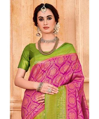 Rani pink woven Banarasi Kataan saree with blouse 2
