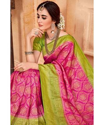 Rani pink woven Banarasi Kataan saree with blouse 3