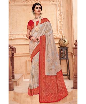 Off white red woven Banarasi Kataan saree with blouse 1