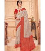Off white red woven Banarasi Kataan saree with blouse
