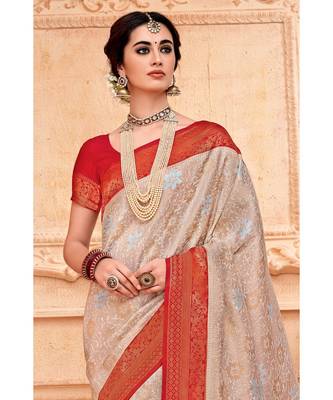 Off white red woven Banarasi Kataan saree with blouse 2
