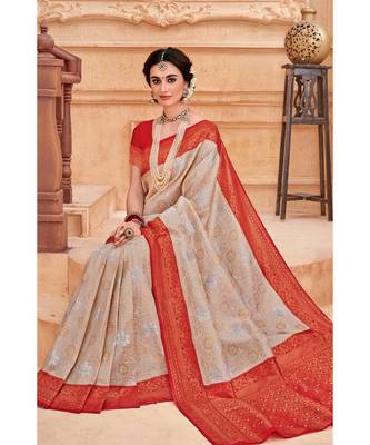 Off white red woven Banarasi Kataan saree with blouse 3