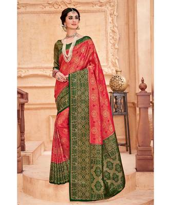 Red green woven Banarasi Kataan saree with blouse 1