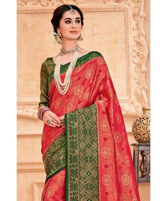 Red green woven Banarasi Kataan saree with blouse 2