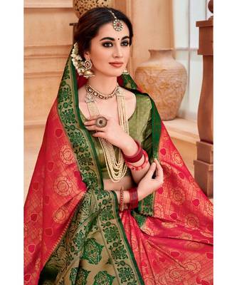 Red green woven Banarasi Kataan saree with blouse 3