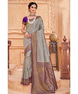 Grey voilet woven Banarasi Kataan saree with blouse 1