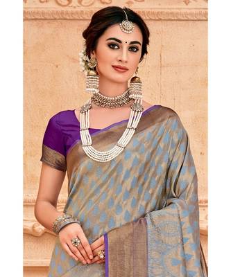Grey voilet woven Banarasi Kataan saree with blouse 2