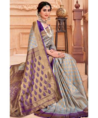 Grey voilet woven Banarasi Kataan saree with blouse 3