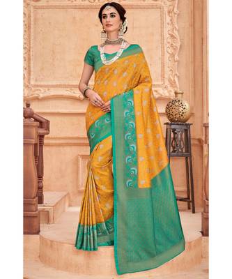 Yellow green woven Banarasi Kataan saree with blouse 1