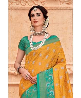 Yellow green woven Banarasi Kataan saree with blouse 2