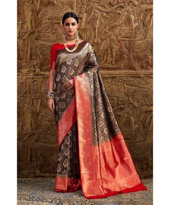 Brownish black woven Banarasi Kataan saree with blouse 1