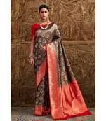 Brownish black woven Banarasi Kataan saree with blouse