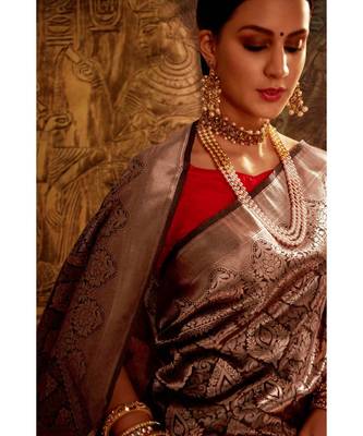 Brownish black woven Banarasi Kataan saree with blouse 2