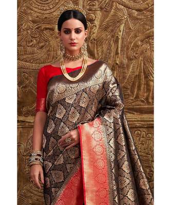 Brownish black woven Banarasi Kataan saree with blouse 3
