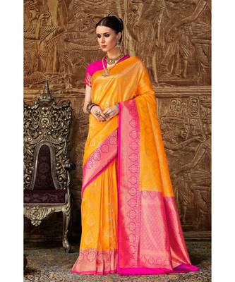 Bright yellow woven Banarasi Kataan saree with blouse 1