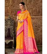 Bright yellow woven Banarasi Kataan saree with blouse