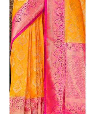 Bright yellow woven Banarasi Kataan saree with blouse 2