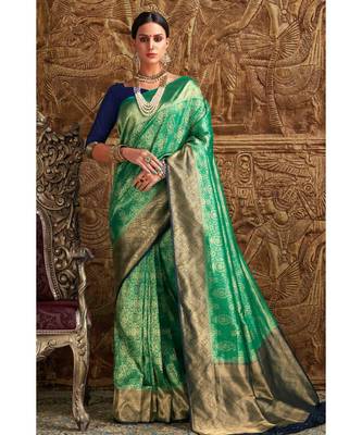 Green and blue woven Banarasi Kataan saree with blouse 1