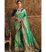 Green and blue woven Banarasi Kataan saree with blouse
