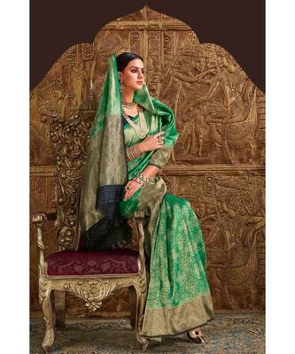 Green and blue woven Banarasi Kataan saree with blouse 2