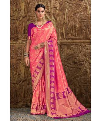 Peach pink woven Banarasi Kataan saree with blouse 1