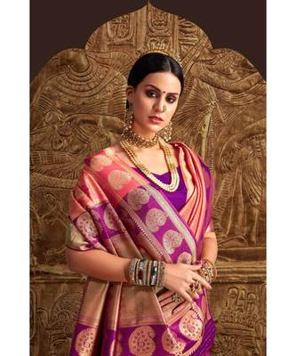 Peach pink woven Banarasi Kataan saree with blouse 2