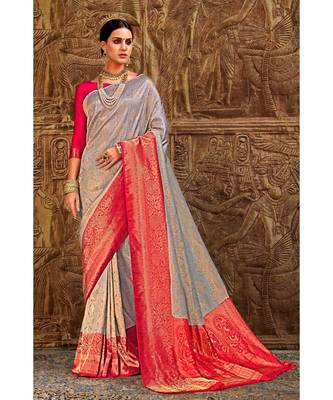Grey pink woven Banarasi Kataan saree with blouse 1