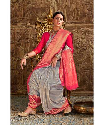 Grey pink woven Banarasi Kataan saree with blouse 2