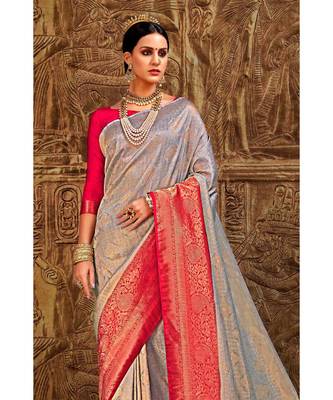 Grey pink woven Banarasi Kataan saree with blouse 3