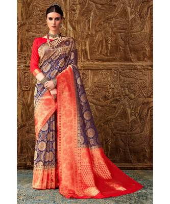 Royal blue woven Banarasi Kataan saree with blouse 1