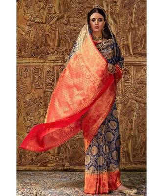 Royal blue woven Banarasi Kataan saree with blouse 2