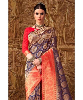 Royal blue woven Banarasi Kataan saree with blouse 3