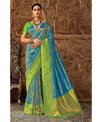 Sky blue green woven Banarasi Kataan saree with blouse 1