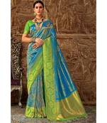 Sky blue green woven Banarasi Kataan saree with blouse