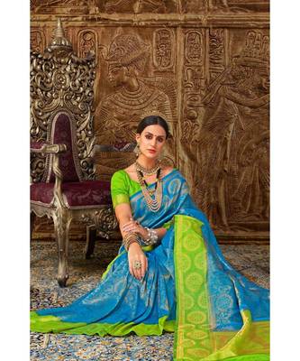 Sky blue green woven Banarasi Kataan saree with blouse 2