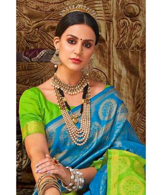 Sky blue green woven Banarasi Kataan saree with blouse 3
