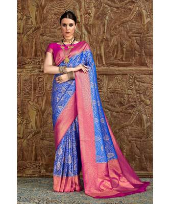Royal blue pink woven Banarasi Kataan saree with blouse 1