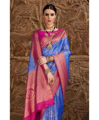 Royal blue pink woven Banarasi Kataan saree with blouse 2