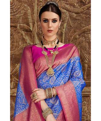 Royal blue pink woven Banarasi Kataan saree with blouse 3