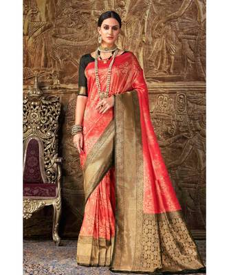 Red black woven Banarasi Kataan saree with blouse 1