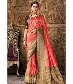 Red black woven Banarasi Kataan saree with blouse