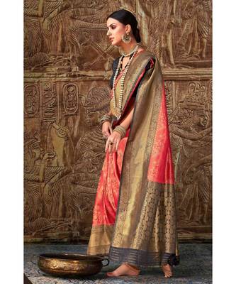 Red black woven Banarasi Kataan saree with blouse 2