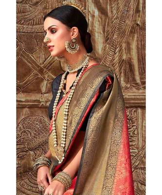 Red black woven Banarasi Kataan saree with blouse 3