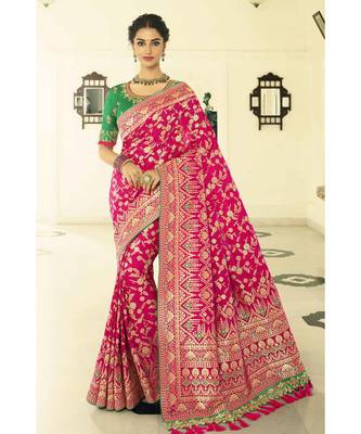 Bridal pink designer banarasi saree with embroidered silk blouse 1